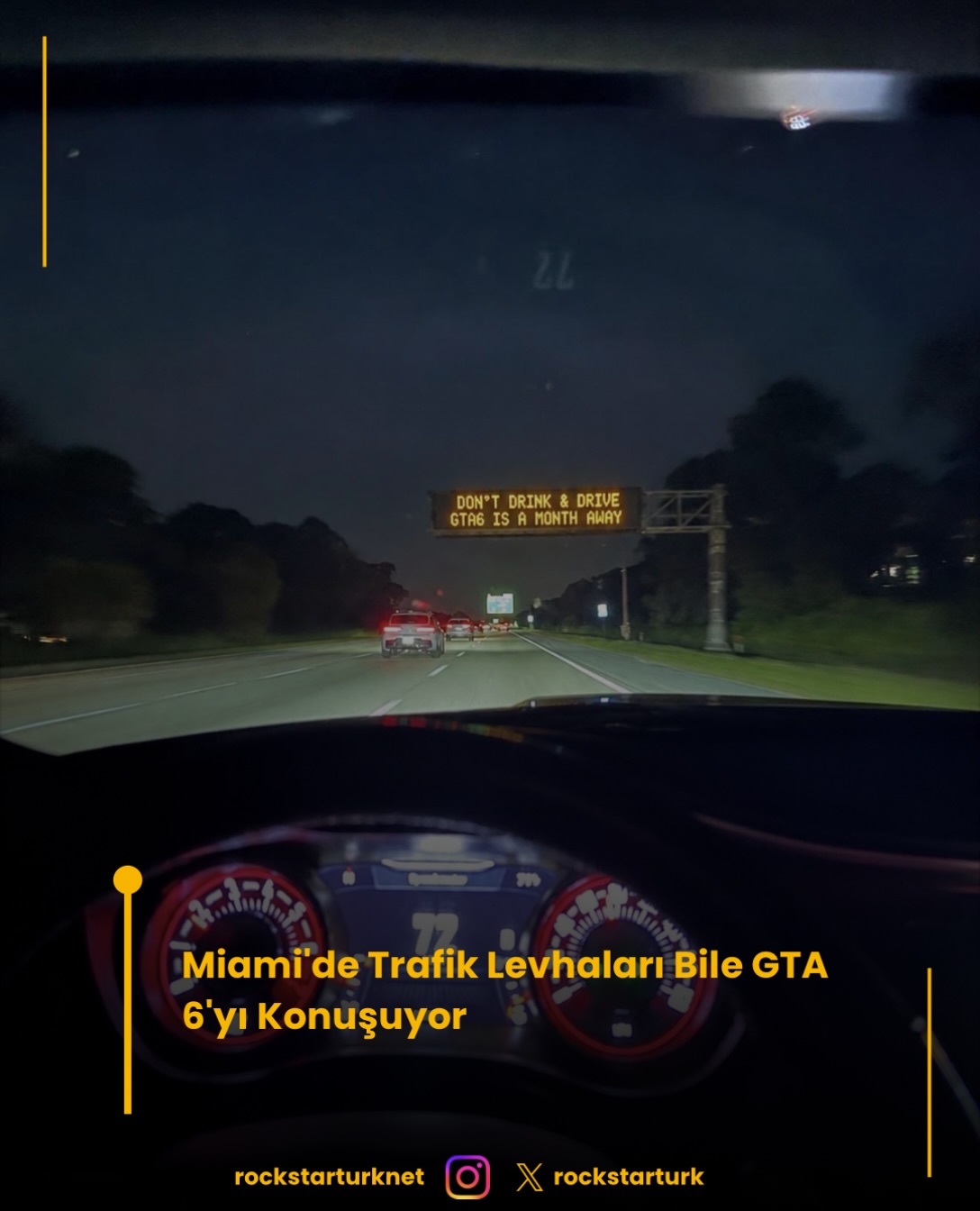 Miami’deki bir otoyolda sürücüleri karşılayan elektronik trafik levhası, GTA 6’ya yaptığı göndermeyle dikkat çekti.
Levhadaki mesaj oldukça netti:
“Alkollü araç kullanmayın. GTA 6’nın çıkmasına sadece bir ay kaldı!”
Görünüşe göre GTA 6 heyecanı, trafik güvenliği mesajlarına bile yansımış durumda.
#gta6 #rockstargames #gaming