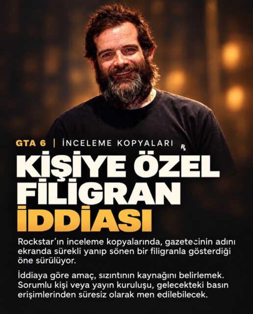 Rockstar’ın gazetecilere gönderdiği GTA 6 inceleme kopyalarında, oyunu inceleyen kişinin adını ekranda sürekli yanıp sönen bir filigran olarak gösterdiği öne sürülüyor.

Bu yöntemle olası bir sızıntının hangi kopyadan çıktığının belirlenmesi amaçlanıyor. İddiaya göre sorumlu kişi veya yayın kuruluşu, Rockstar’ın gelecekteki basın erişimlerinden süresiz olarak men edilebilecek.

#gta6 #rockstargames #gaming