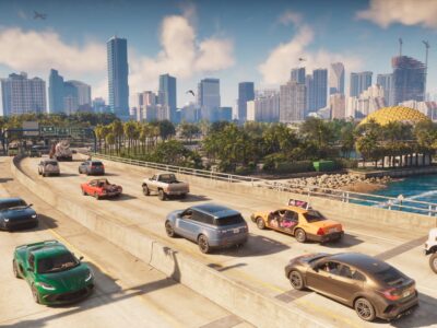 GTA VI'da arka planda Vice City silueti görünen kalabalık bir Leonida otoyolu